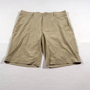 Peter Millar Shorts Mens 33 Beige Solid Hiking Flat Front Poly Blend 10" Inseam